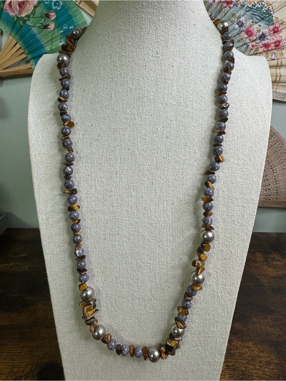Tiger’s Eye Chip & Stone Beaded Necklace Bohemian Fairy Core Coastal Chic